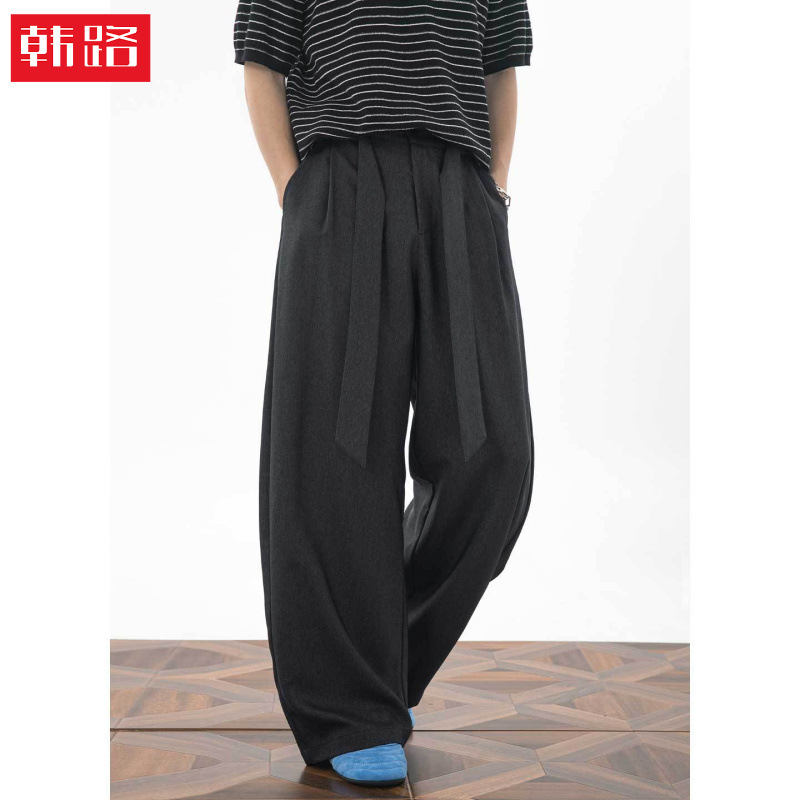 Imitation denim curved hem casual pants, spring/summer style, loose-fitting, pleated trousers with a high-end texture and silhouette