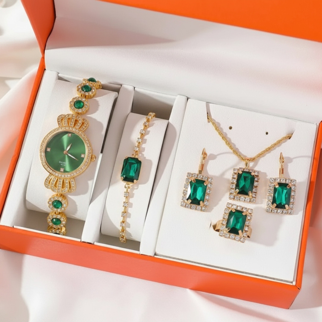Pequeño reloj verde de las mujeres Correa acero cuarzo + anillo traje regalo en caja 5 unids/set