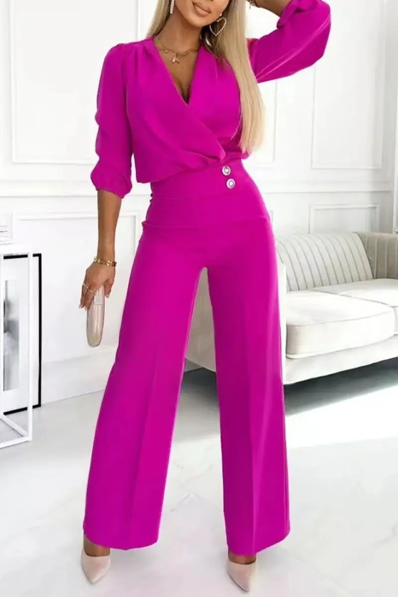 Women's Solid Color V-Neck Two-Button Casual 2-Piece Pant Set Regular Thickness For Spring/Autumn And Summer_ecoleips.com