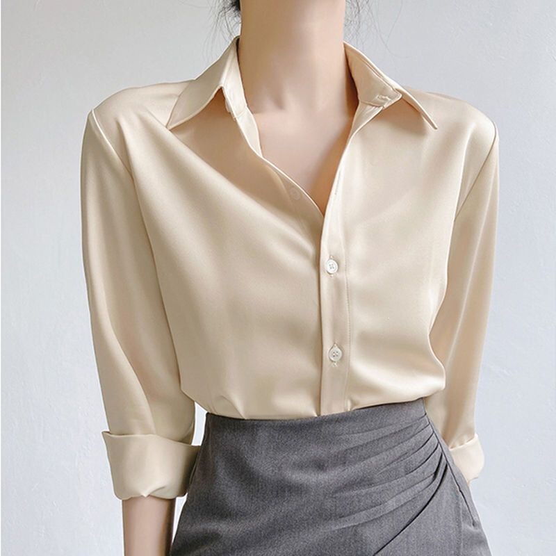 Shanlida Acetate Satin Chiffon White Shirt for Women, Spring and Autumn Design, Elegant and High-End Feel, Drapey and Versatile Shanlida Acetate Satin Chiffon White Shirt for Women, Spring and Autumn Design, Elegant and High-End Feel, Drapey and Versatile
