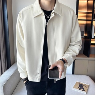 White Men's Lapel Motorcycle Leather Jacket Men's 2025 Autum Trendy Brand Slim Fashion Versatile Handsome Pu Leather Jacket Trend