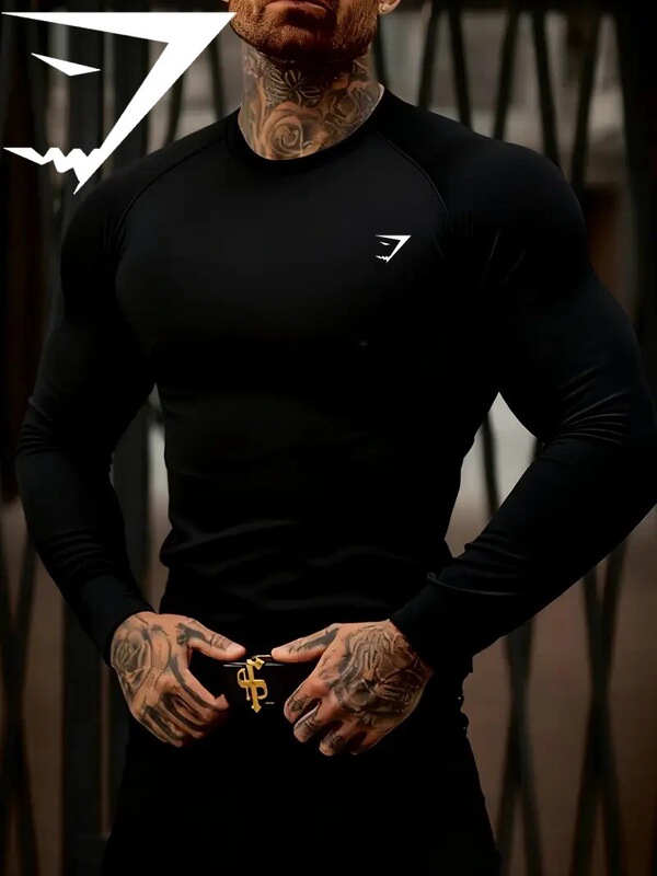 Gymshark New Running Sports Fitness Long-Sleeved Men's Elastic T-Shirt Tight Cycling Top Running Shark