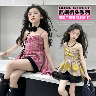 跨境女童夏季连衣裙短裤套装2025年儿童夏装时尚格子吊带裙裤子套