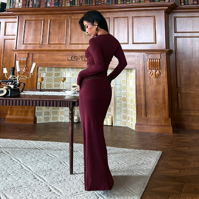 2025 invierno de estilo europeo y americano de ropa de mujer nuevo cuello redondo manga larga encaje hueco empalme adelgazante bolsa de cadera vestido delgado image 2