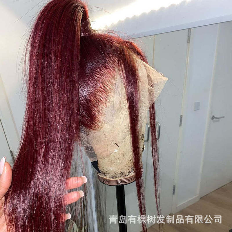 Foreign trade Europe and the United States wig headgear wine red chemical fiber front lace hair set large hand groove realistic natural optional curvature