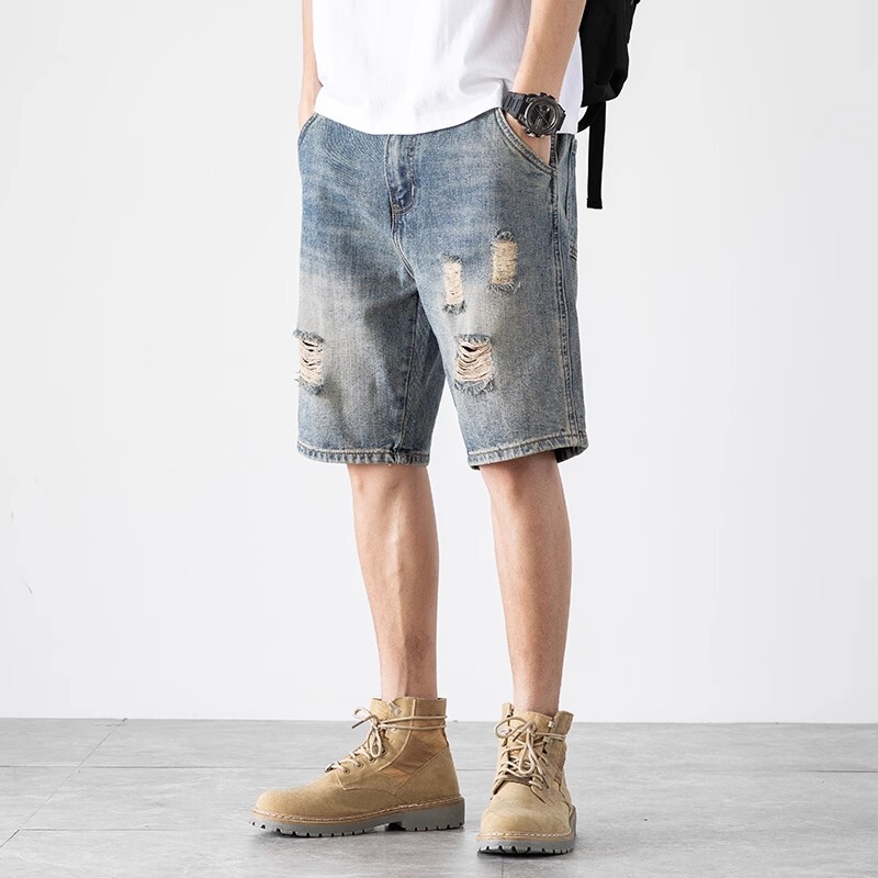 Men's Korean-Style Ripped Loose Slim-Fit Summer Thin Cropped Casual Retro Denim Shorts