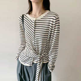 25秋季超细精纺羊毛混纺条纹针织衫随性不规则拼接系带毛衣25628