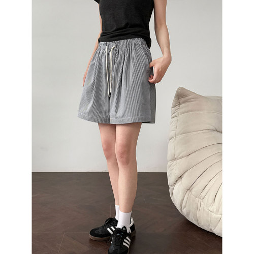 Lushi Korean Style Simple Retro Vertical Striped Casual Hot Pants Women's Summer New High Waist Slimming A-Word Shorts 1909 
