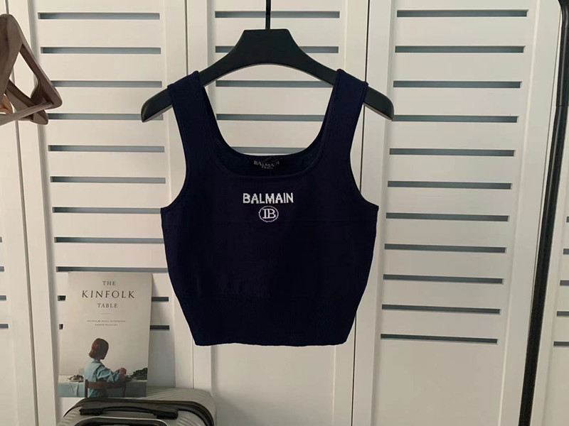 Spring and Summer New Balman Silk U-Shaped Collar Strap Letter Solid Color Small Vest for Women