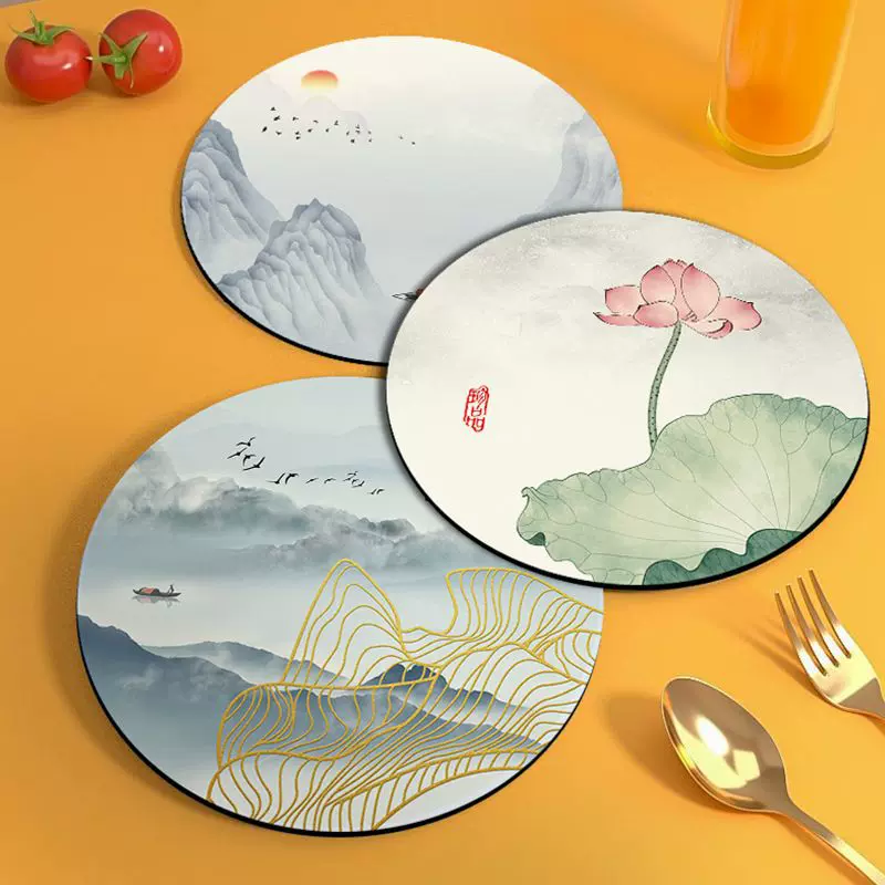 山水画餐垫中式杯垫橡胶防水防油隔热垫碗盘垫防烫砂锅垫台面桌垫