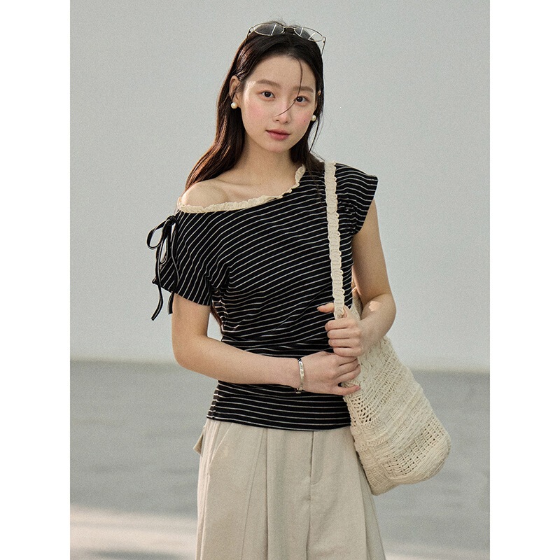 【Sweet Cool Little Flower】Geming New Lace Trim Striped Blouse Guangzhou Shisanxing Short Sleeve T-Shirt Cg122 【Sweet Cool Little Flower】Geming New Lace Trim Striped Blouse Guangzhou Shisanxing Short Sleeve T-Shirt Cg122