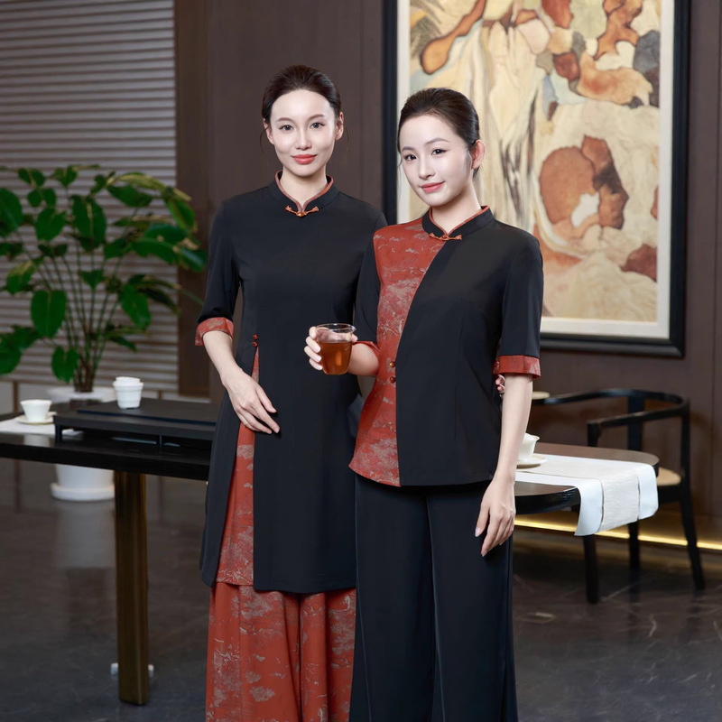 Hotel Front Desk Receptionist Restaurant Waiter Chinese-Style Cheongsam Dress with Buttoned Sleeves Work Uniform Printed Wide-Leg Skirt Pants Hotel Front Desk Receptionist Restaurant Waiter Chinese-Style Cheongsam Dress with Buttoned Sleeves Work Uniform Printed Wide-Leg Skirt Pants