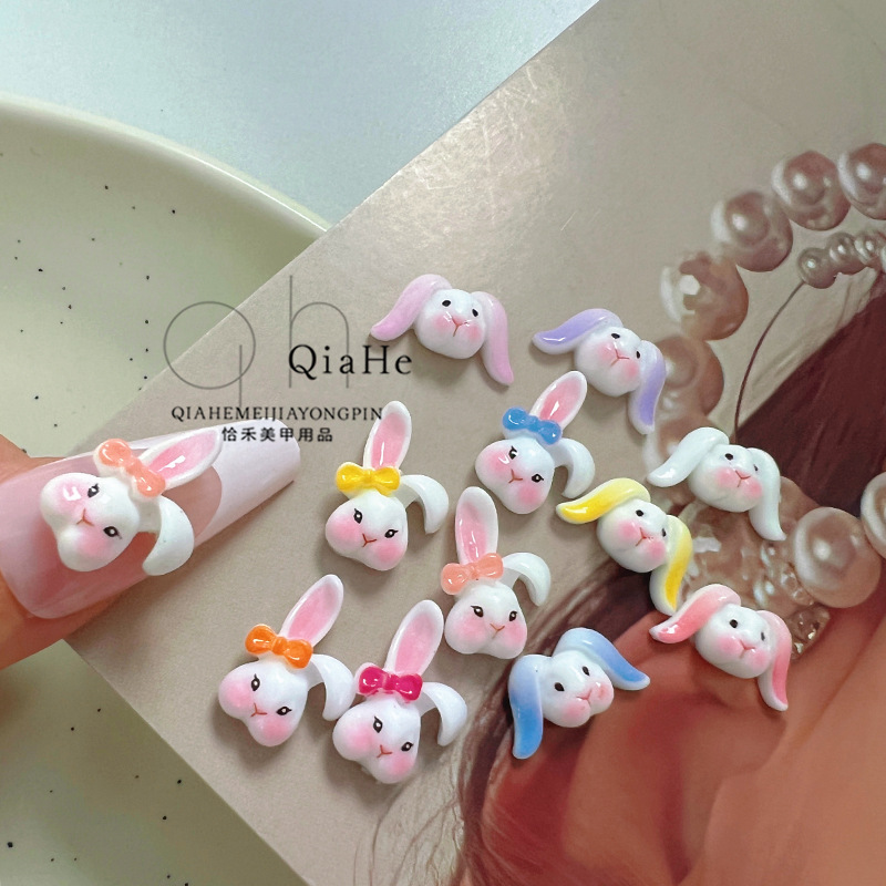 Japanese new cute cartoon bow tie long ears rabbit resin nail decoration online popular small accessories