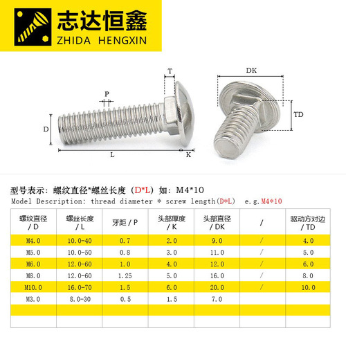 304 stainless steel round head square neck carriage machine screw GB1276 standard parts shelf bridge bolt M3-M10