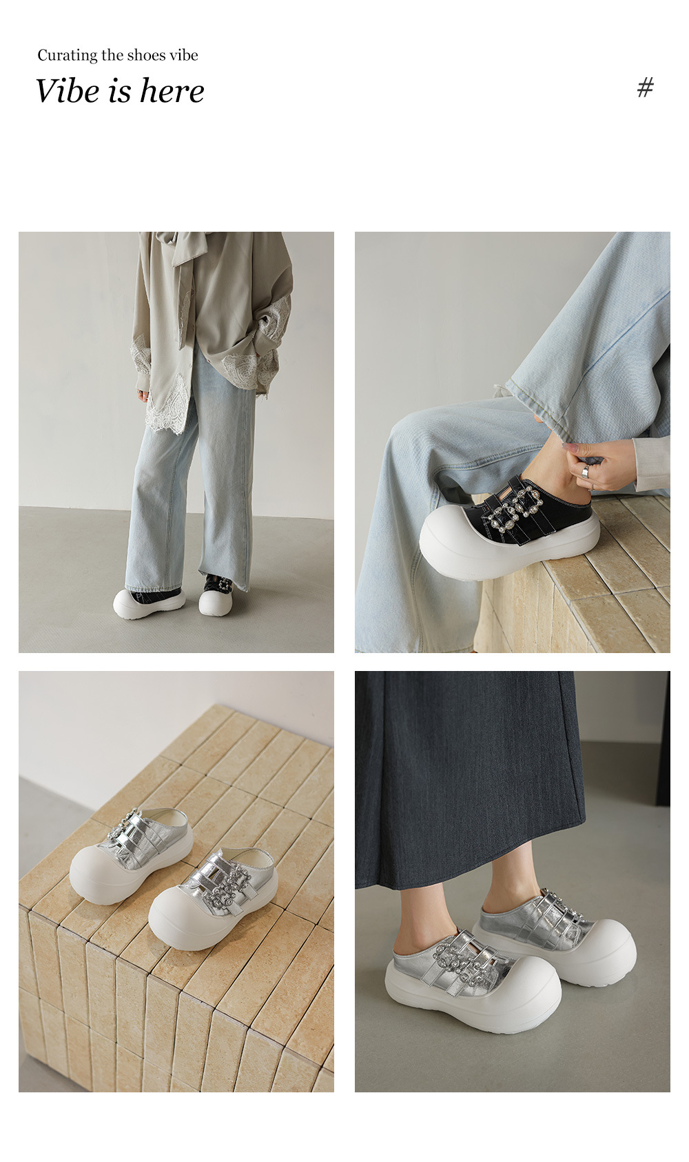 Sandal nữ đế xuồng cao 5 cm mũi vuông đính đá pha lê — màu đen, bạc chi tiết 1