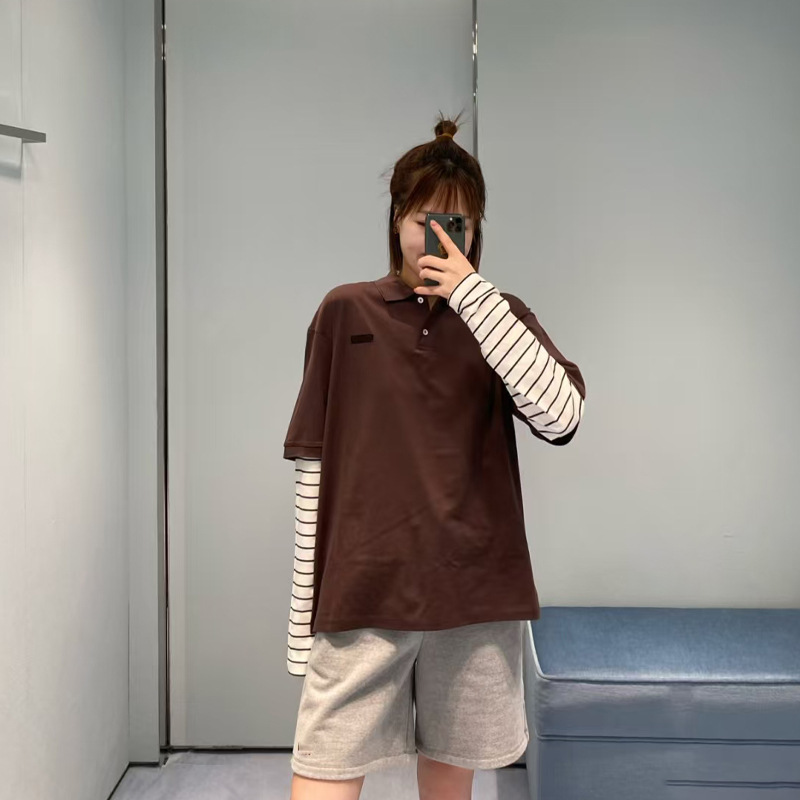 25 初秋カレッジスタイルポロカラーブラウンストライプフェイクツーピース万能Tシャツ通勤万能ルーズ長袖トップス|undefined