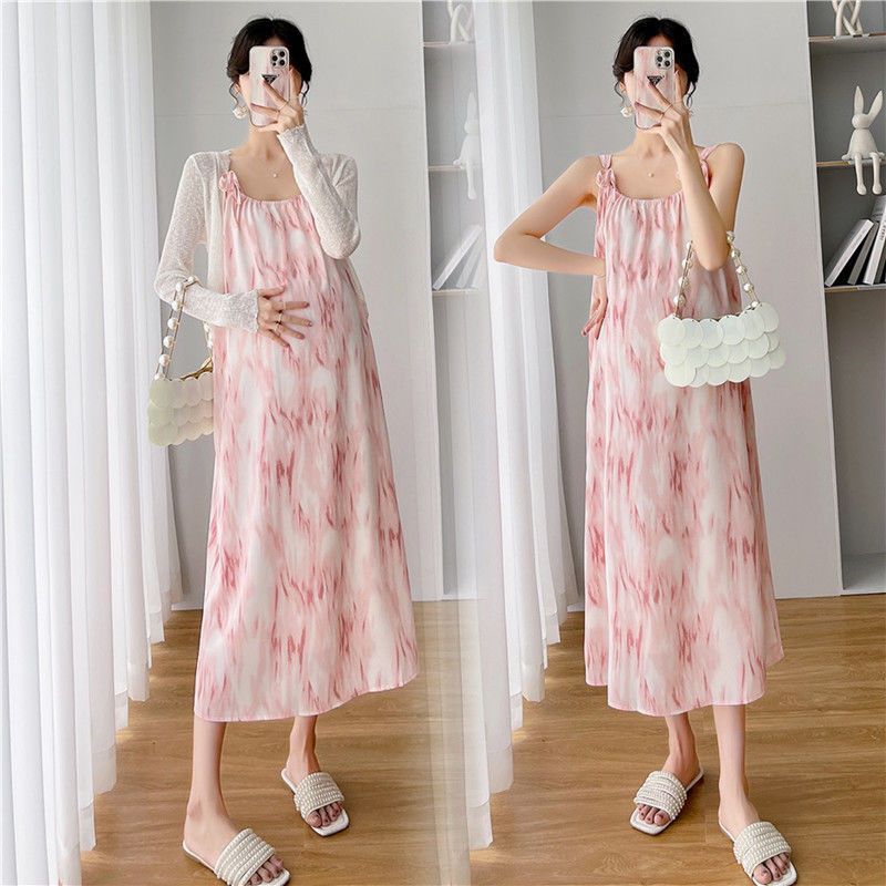 孕婦春夏套裝法式感氣質撞色中長款吊帶裙薄款開衫兩件套春秋