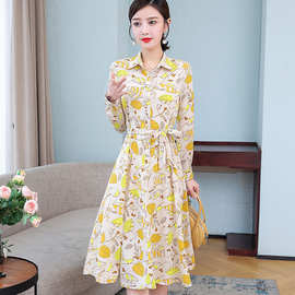 长袖碎花加大码春秋季新款连衣裙女收腰长裙碎花连衣裙子外穿