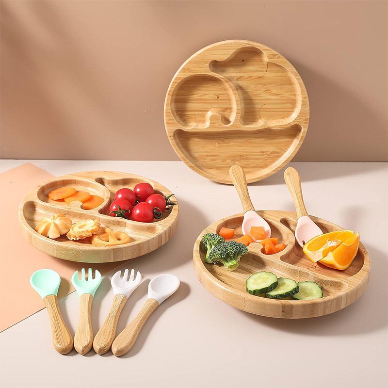 Plato de comedor dividido para niños de dibujos animados lindo, plato de comedor de bambú y madera a prueba de caídas con ventosa para bebés