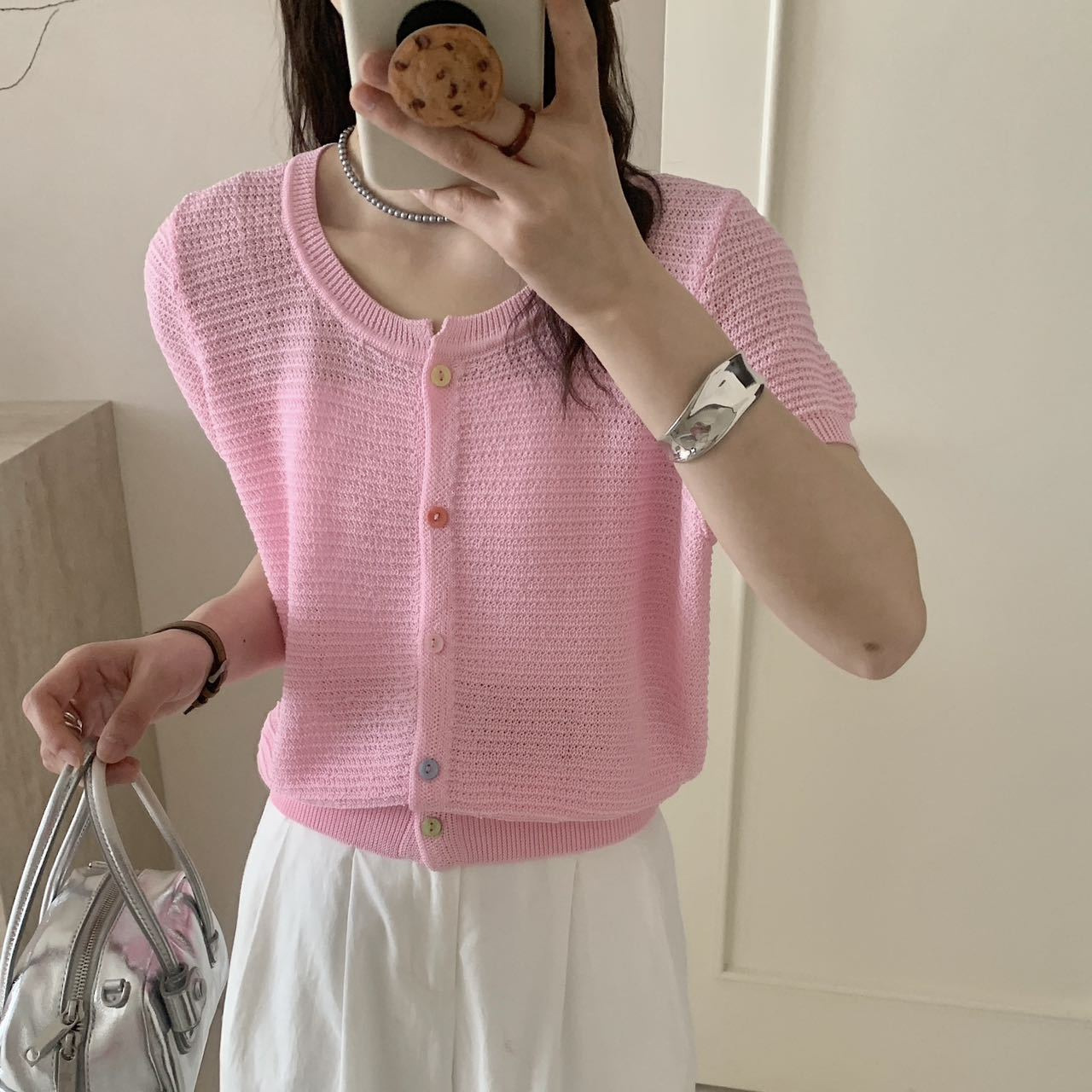 25夏季韩系天丝亚麻圆领糖果色华夫格彩扣时尚减龄针织短袖女t恤