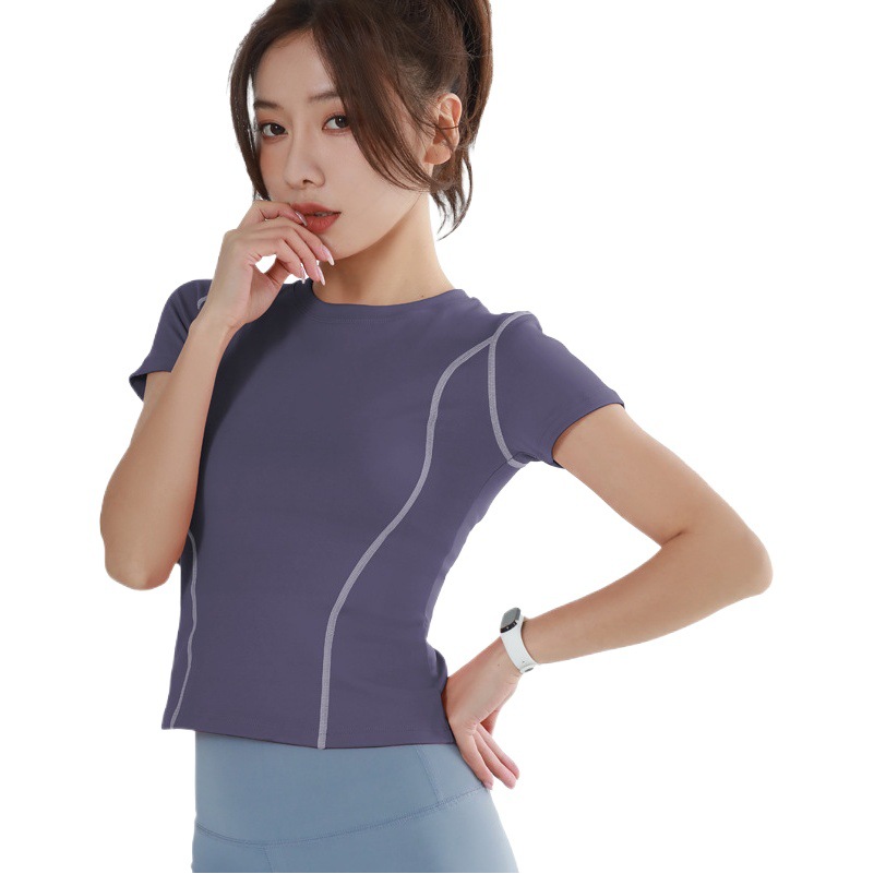 Camiseta de yoga Juyitang de manga corta con doble curva, corte ajustado, ropa deportiva transpirable para correr, camiseta para mujer
