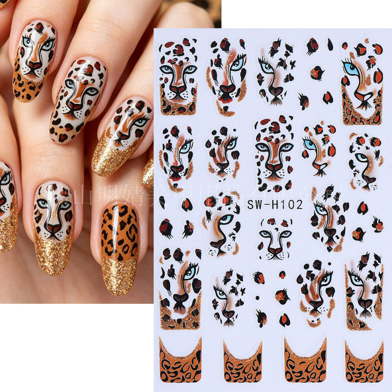 New Foreign Trade French-Style Leopard Print Nail Stickers, Maillard Hot Girl Style Colorful Gold French-Style Leopard Print Nail Decoration Stickers