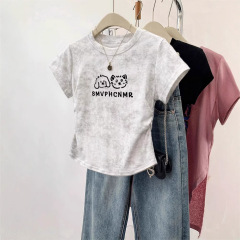 白い染めの肩の半袖tシャツの女性の夏の独特な美しいアメリカ式の修身は腰の短い上着のデザイン感を収めます。