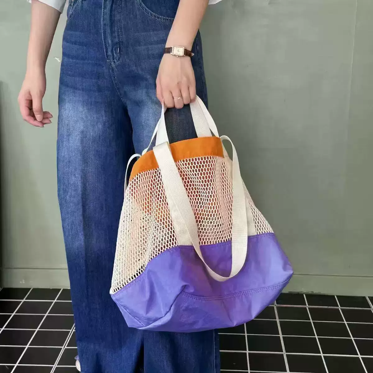 新款大容量网纱单肩包撞色旅行沙滩包便携手提包