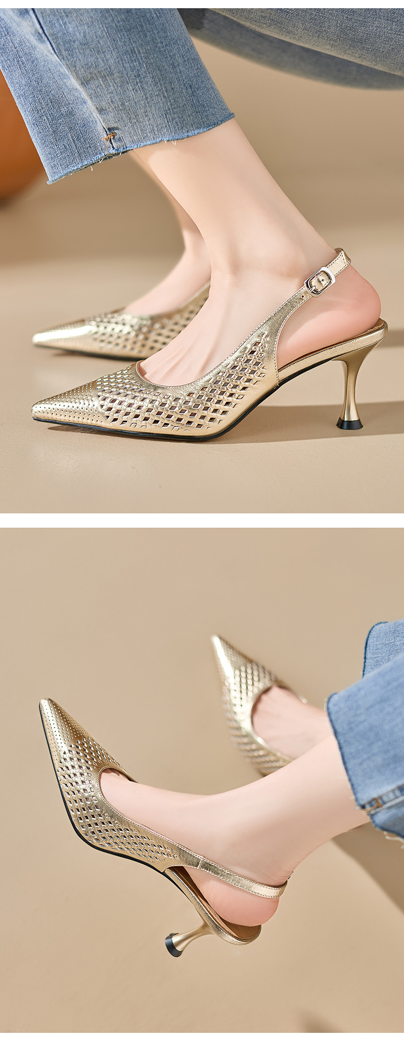 Sandal cao gót nữ mũi nhọn hở gót, gót 7 cm, phong cách Âu Mỹ — màu vàng chi tiết 8