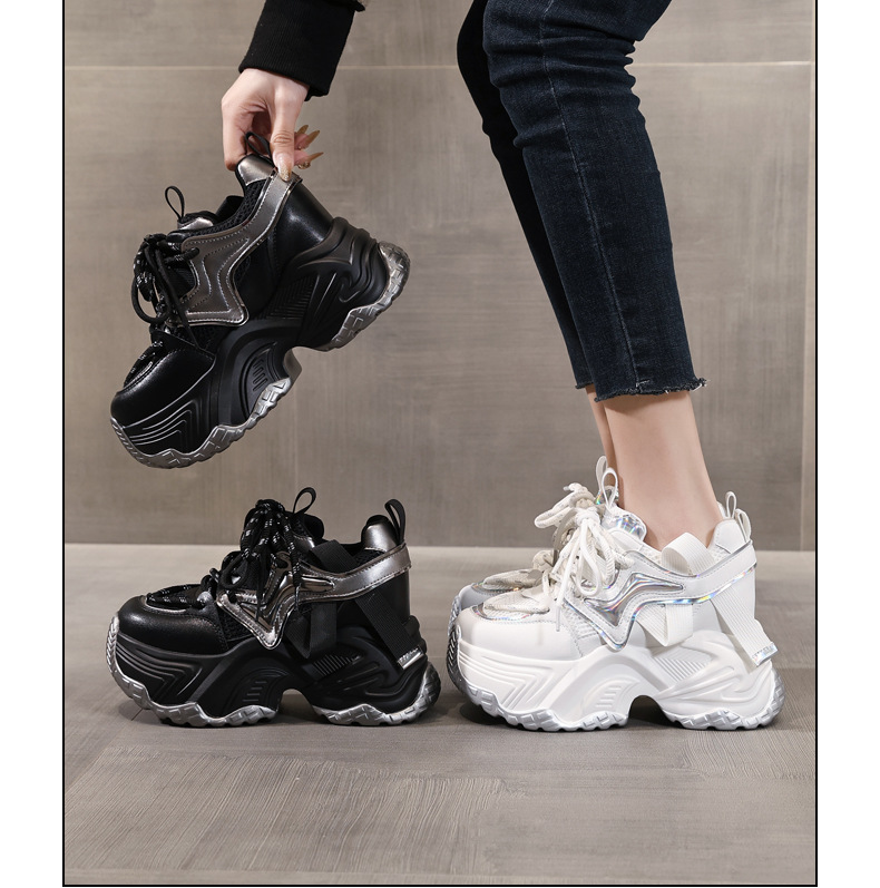 Giày sneaker nữ đế dày độn cao bên trong, phong cách bánh xốp mới mùa xuân — Màu đen chi tiết 17