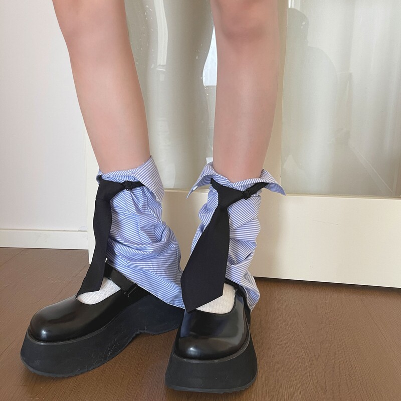 New Cute Blue Navy Stripesd Shirt Collar Fashionable Button Bell Socks Jk Tie Thin Leg Warmers for Women