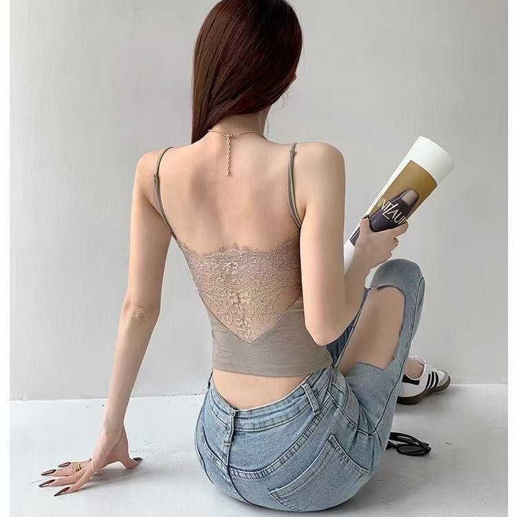 Super Slim Lace Beautiful Back Vest with Breast Pads Lace Splicing Backless Suspender Slim Outer Top Women's Intimates