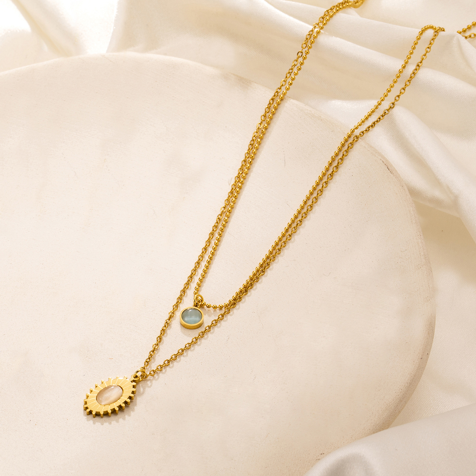 Fashion Oval Stainless Steel Titanium Steel Plating Inlay Opal Layered Necklaces 1 Piece