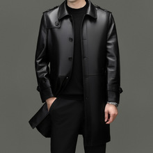 高端品牌翻领宽松长款绵羊皮真皮衣2025春秋加大码男士皮风衣外套