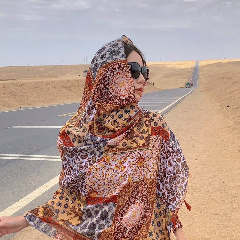 2023 nuevo ligero de algodón y lino sensación bufanda estilo étnico anacardo costura totem impresión viajes fotografía chal para las mujeres