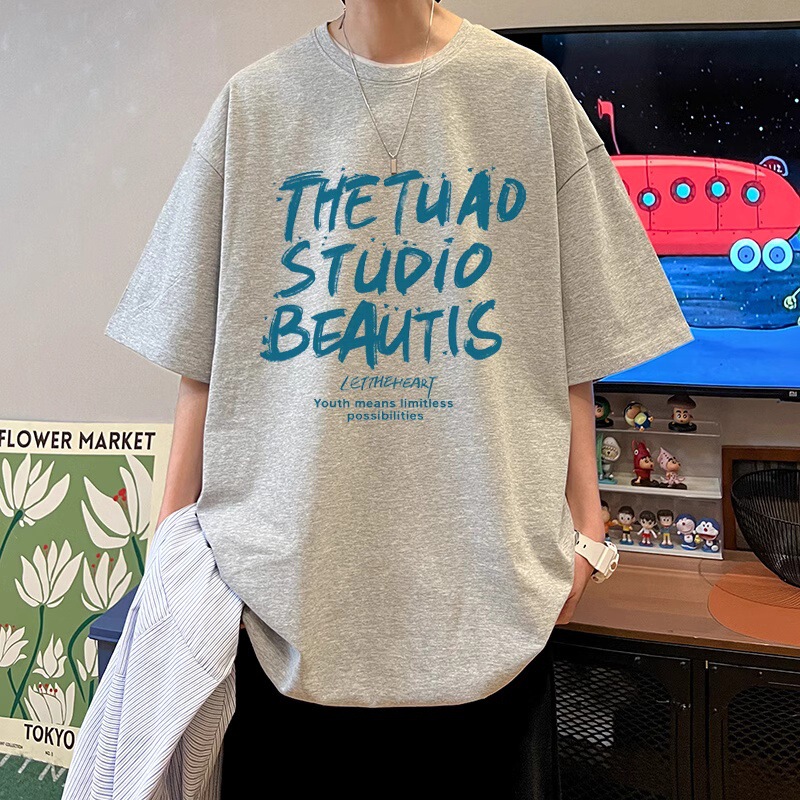 潮牌純綿アルファベット半袖tシャツ男性夏のゆるいtシャツごろつきイケメンカップル上着丸襟tシャツ|undefined