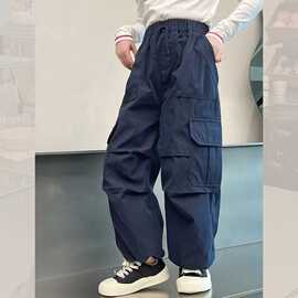 女童深蓝色工装裤2026春秋新款宽松阔腿裤秋装中大童休闲潮牌长裤