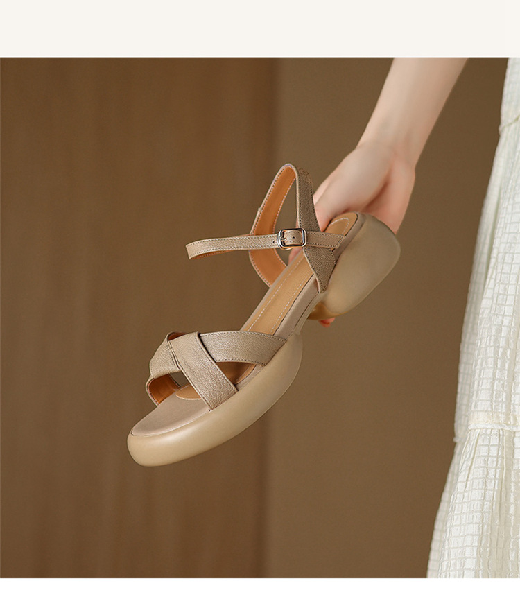 Sandal hở ngón da cừu gót thô đế dày quai ngang kiểu La Mã rỗng — Màu trắng be chi tiết 10