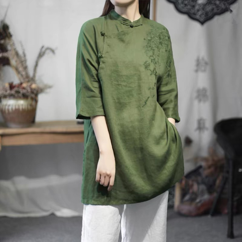 2025 Chinese Style Artistic Retro Tea Clothes Embroidered Cotton and Linen Button Cheongsam Shirt dress Women's Summer 2025 Chinese Style Artistic Retro Tea Clothes Embroidered Cotton and Linen Button Cheongsam Shirt dress Women's Summer