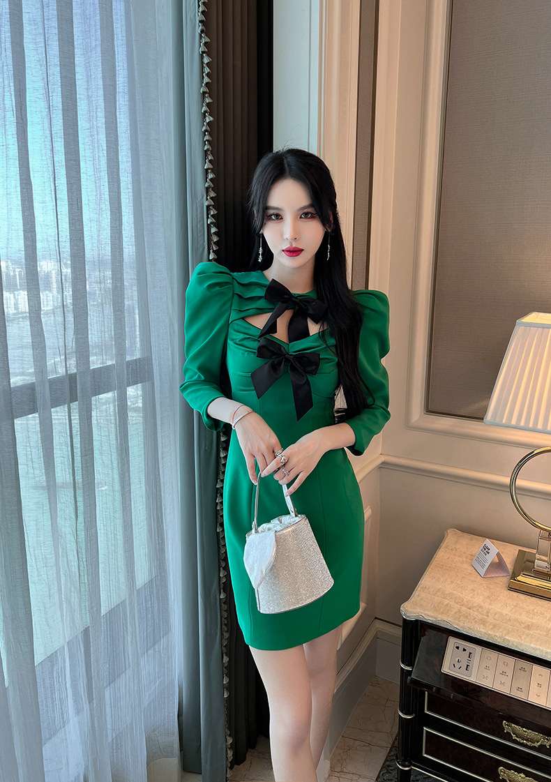 Đầm dự tiệc phong cách cung điện tay phồng nơ bản to — Màu xanh lá chi tiết 16