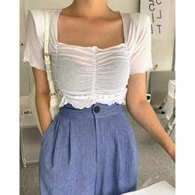 韩国东大门代购 22夏季抹胸木耳边褶皱垫肩修身百搭短款上衣