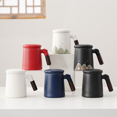 遠山陶瓷木柄辦公杯茶水分離茶杯千里江山馬克杯泡茶水杯商務禮品