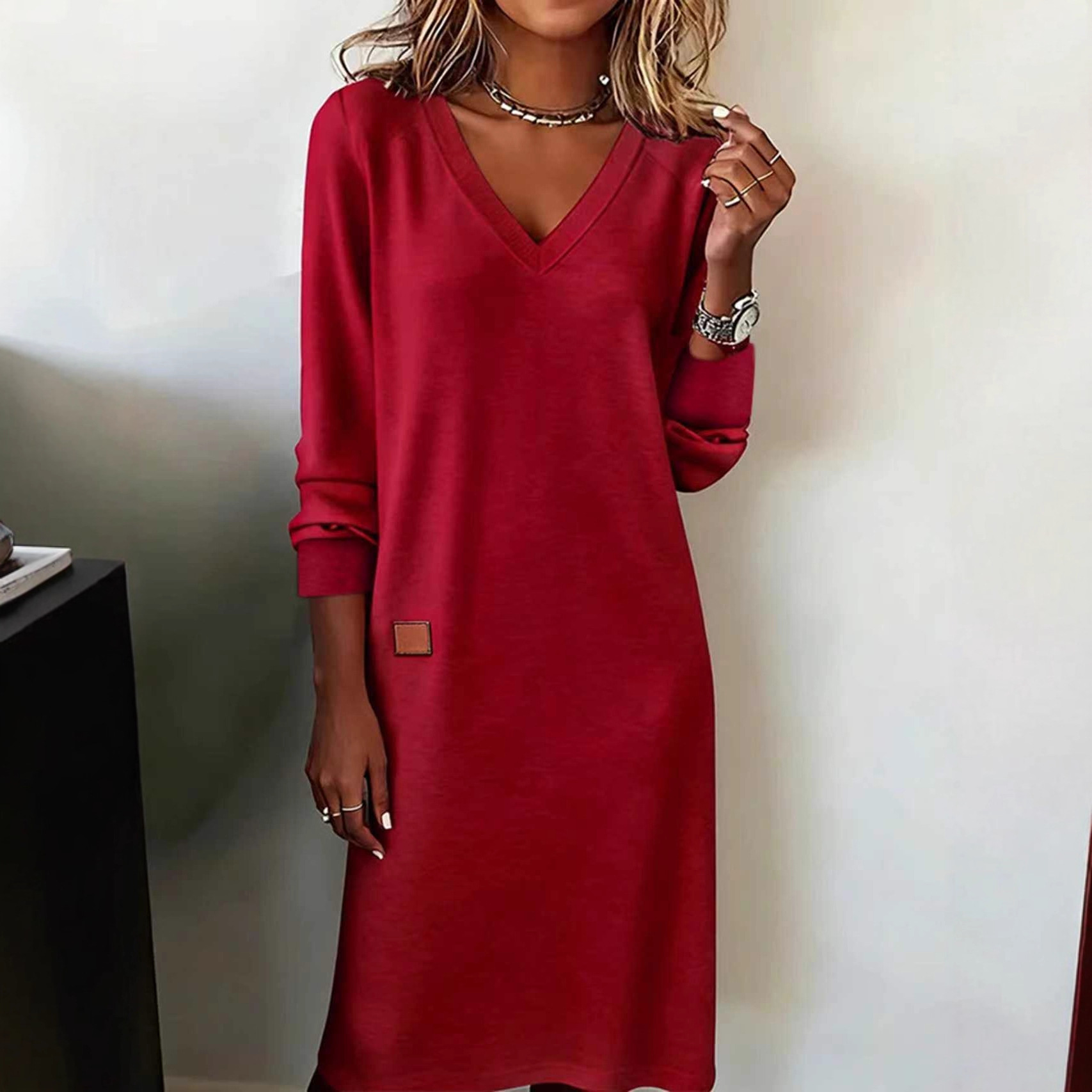 Spring Autumn Women's V Neck Slim Fit Long Dress Bodycon Fashion Jumpsuit_ecoleips.com