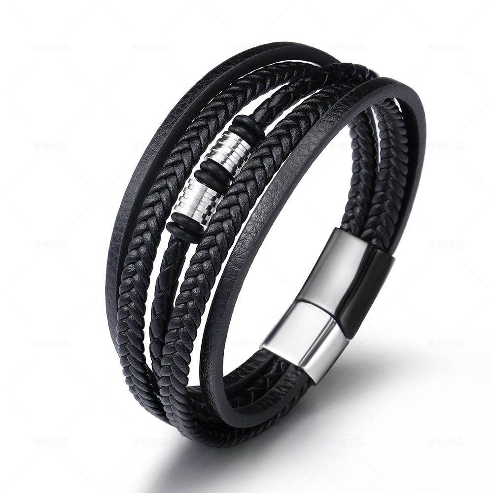 Cross-Border E-Commerce New European and American Style Men's Stainless Steel Leather Bracelet Multi-Layer Hand-Woven Titanium Steel Bracelet in Stock