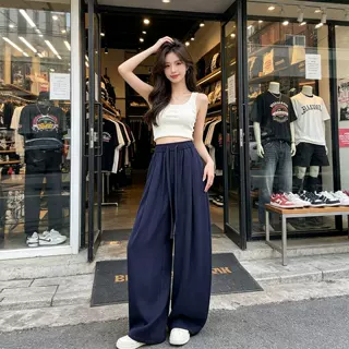 藏青色亚麻弯刀裤女2026新款夏季薄款冰丝棉麻宽松休闲显瘦阔腿裤