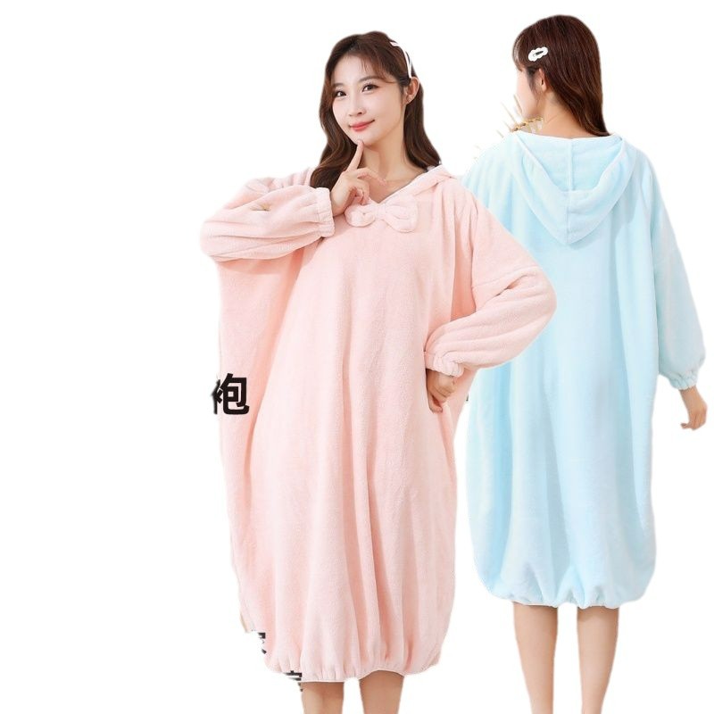 후드 긴팔 목욕 원피스 겨울 긴 홈 산호 양털 목욕 가운 여성 물 흡수 목욕 타월 두꺼운 가정