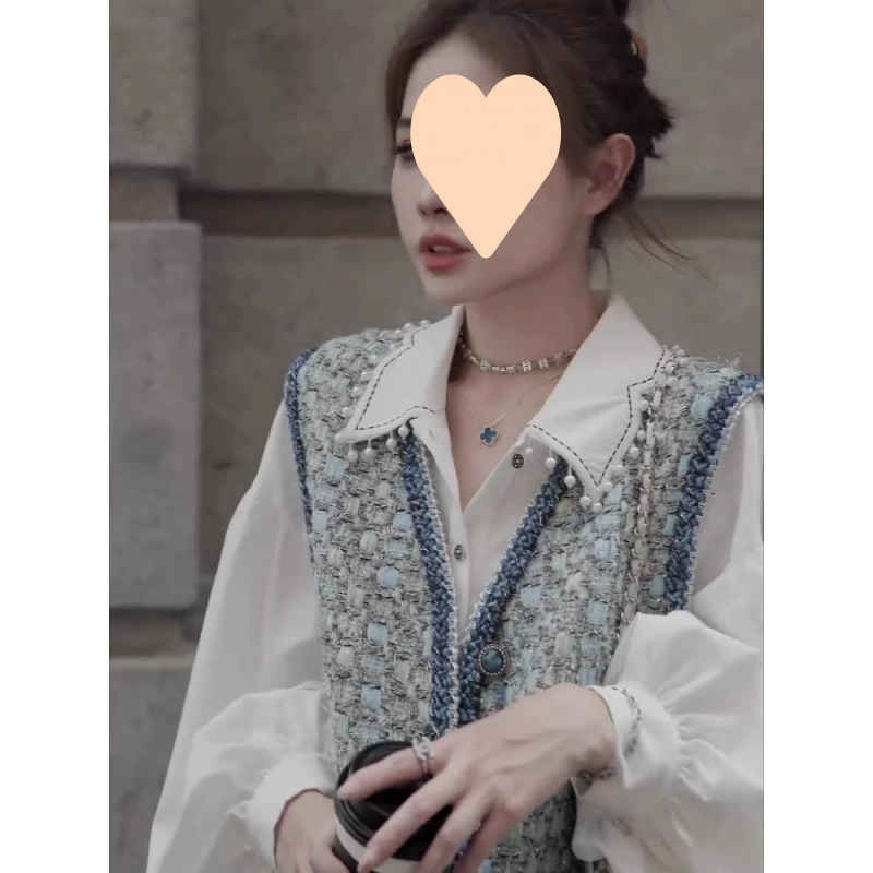 Модный весенне-осенний комплект 2025 года: белая рубашка и жилет в стиле Little Chanel, женский двухкомпонентный набор для осени.