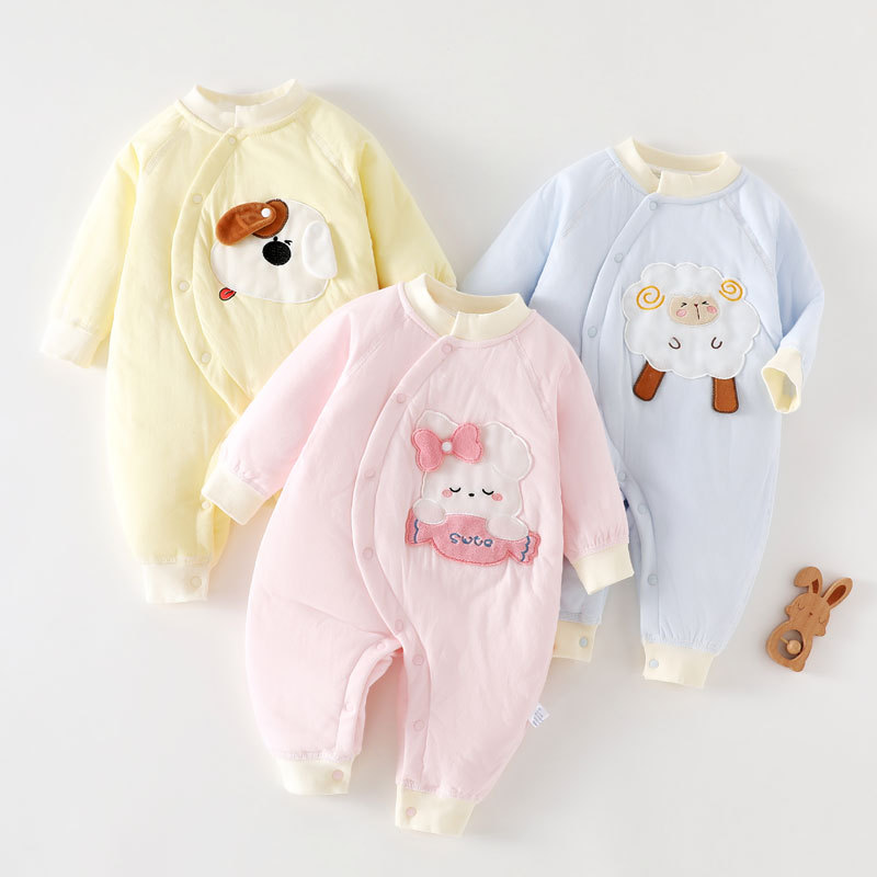 秋冬婴儿连体薄棉袄夹棉加厚新生儿棉衣偏扣护肚宝宝外出服可爱