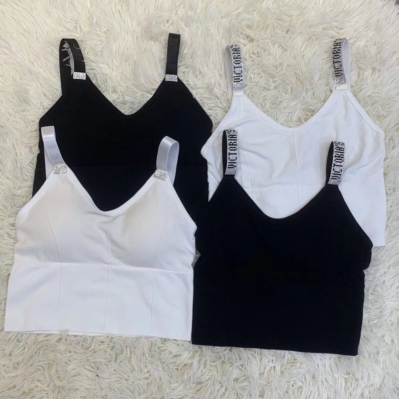 Summer Exterior Wear Rhinestone Letter Same Leakage Cup Short Interior Wear Women's No-Wear Underwear Coaster Sling Chest Wrapping Sports Beauty