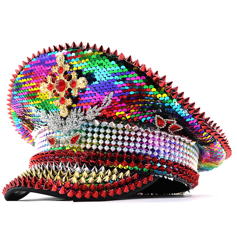 Sombrero azul marino con incrustaciones de diamantes, boina estilo punk, sombrero y2k, sombrero de marinero para mujer con ambiente otoñal e invernal, sombrero dorado para clima frío